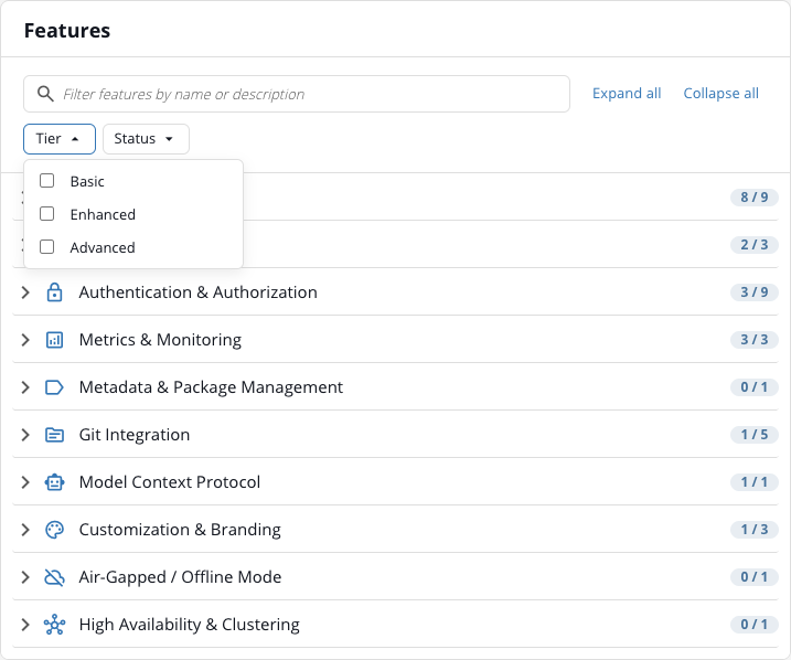 The Features filter toolbar with the Tier dropdown expanded, showing Basic, Enhanced, and Advanced options alongside the keyword search and status filters.