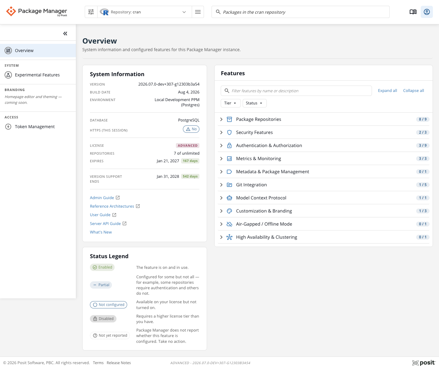 The Overview page in a two-column layout: instance identity, configuration signals, and license summary on the left; a filterable Features grid grouped by category on the right.