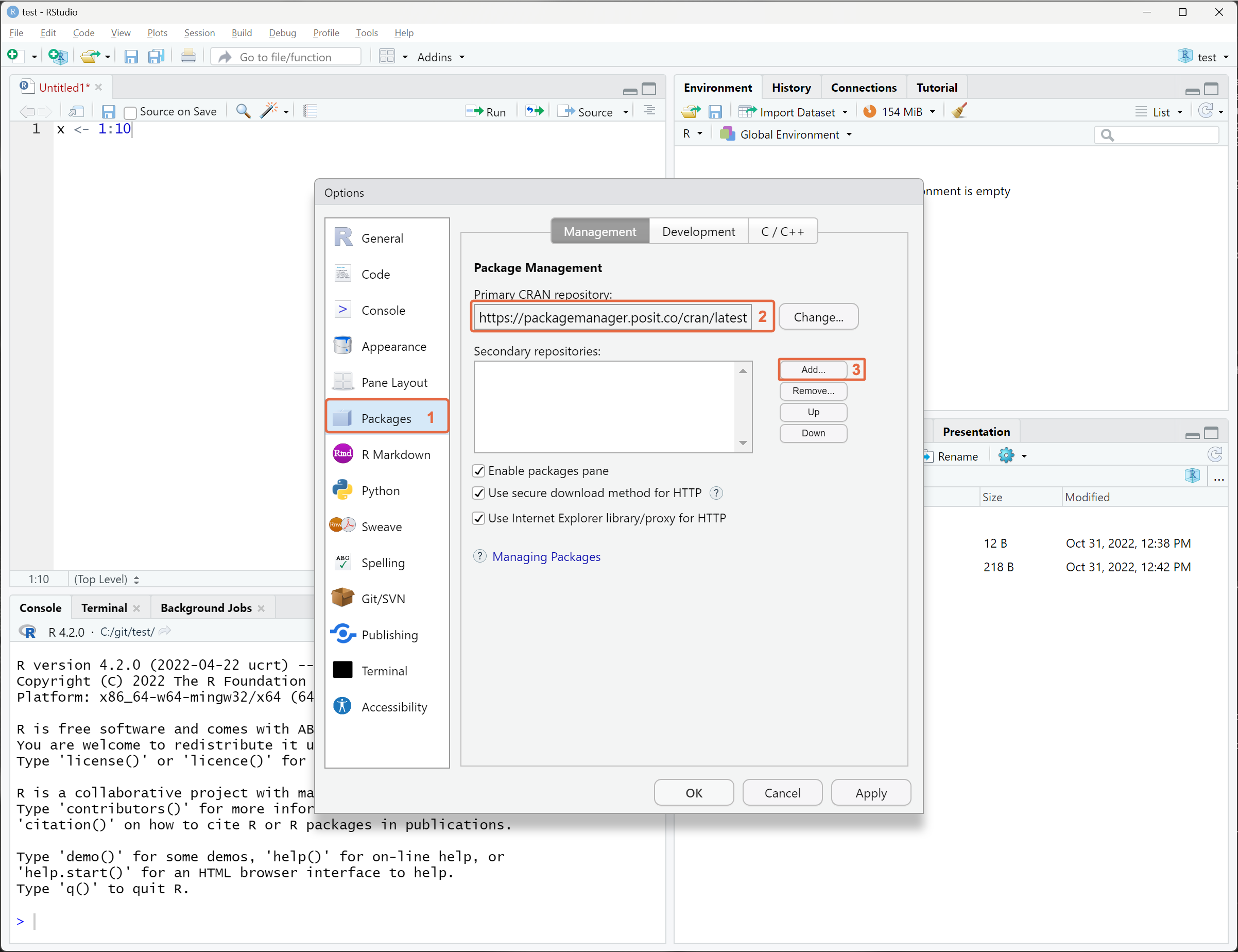 RStudio Desktop Global Options screenshot for setting CRAN repository