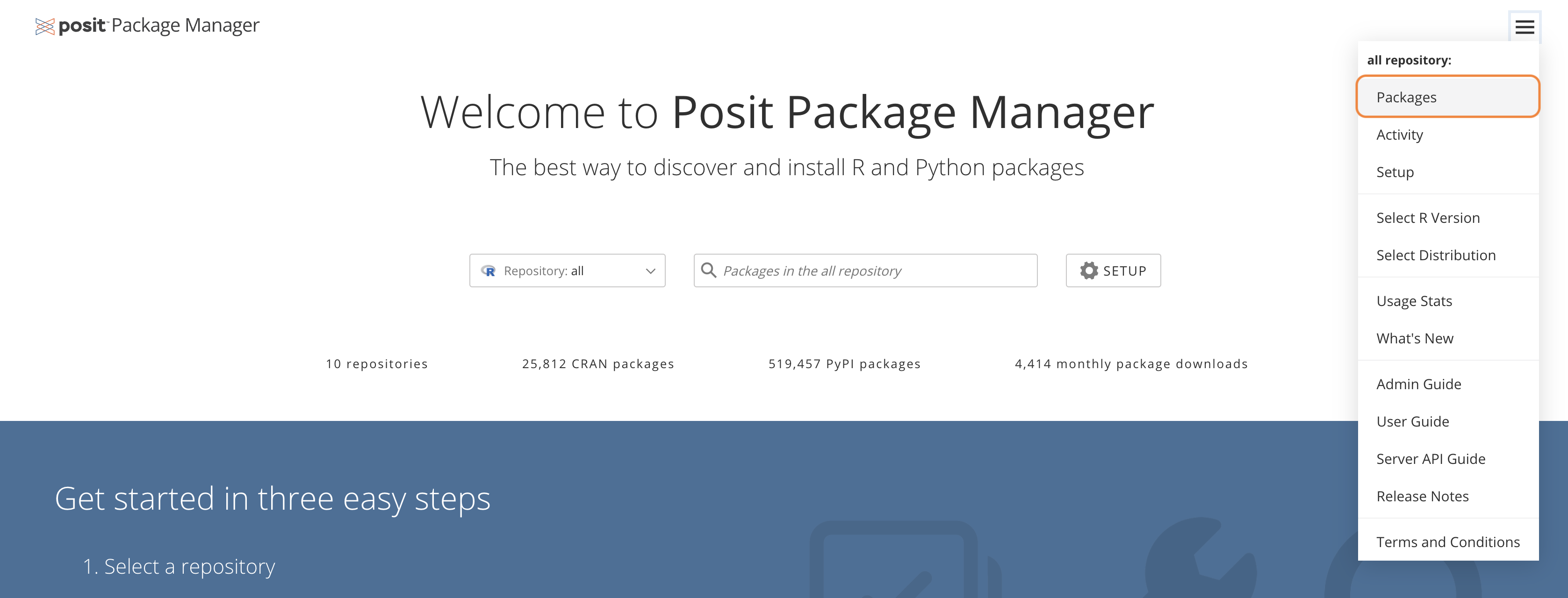 Package Manager menu expanded showing Packages selection highlighted